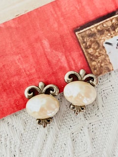 Givenchy Vintage 1980 White Oval Pearl Fleur De Lis Lily Filigree Clip Earrings