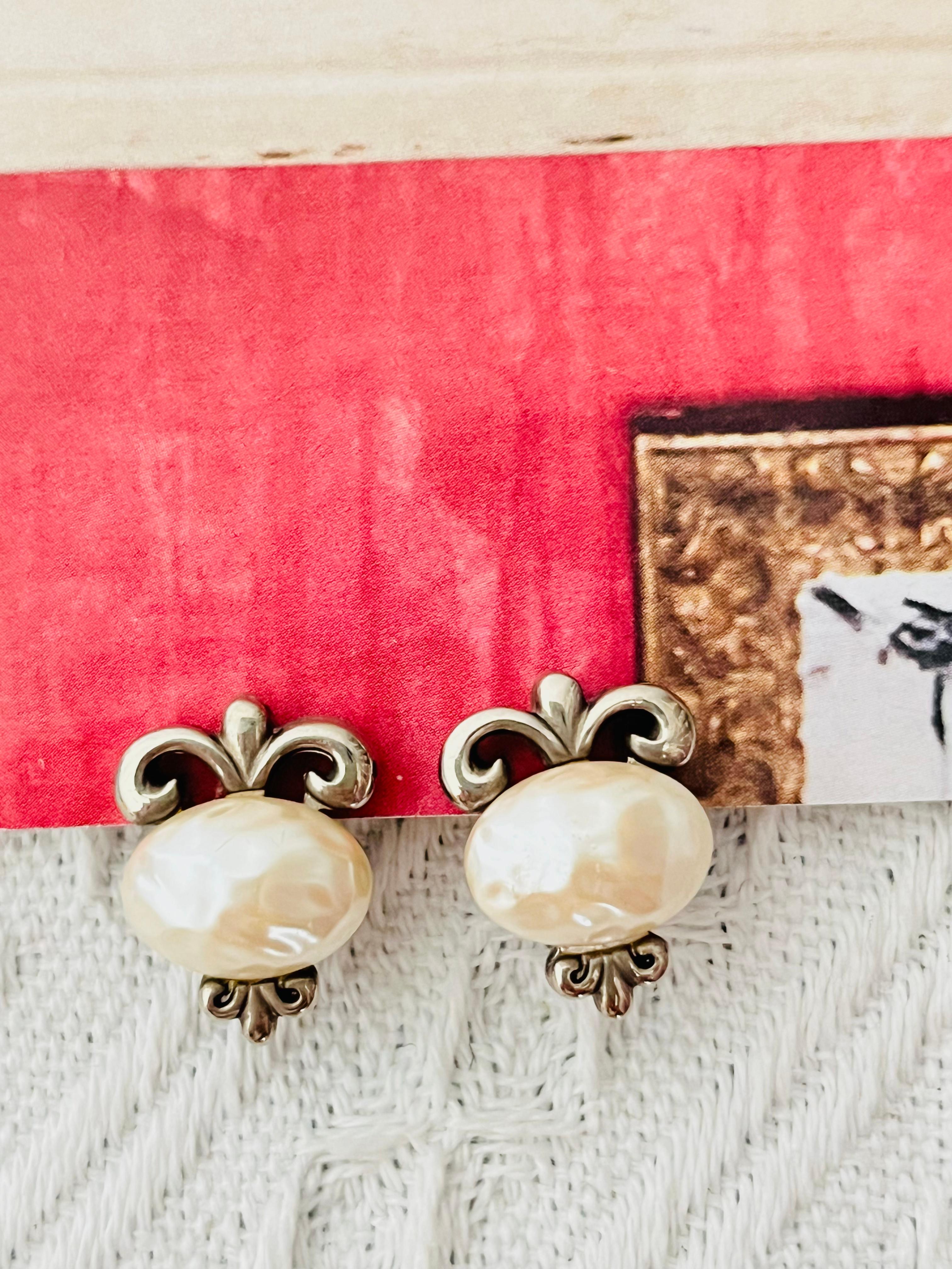 Art Deco Givenchy Vintage 1980 White Oval Pearl Fleur De Lis Lily Filigree Clip Earrings For Sale