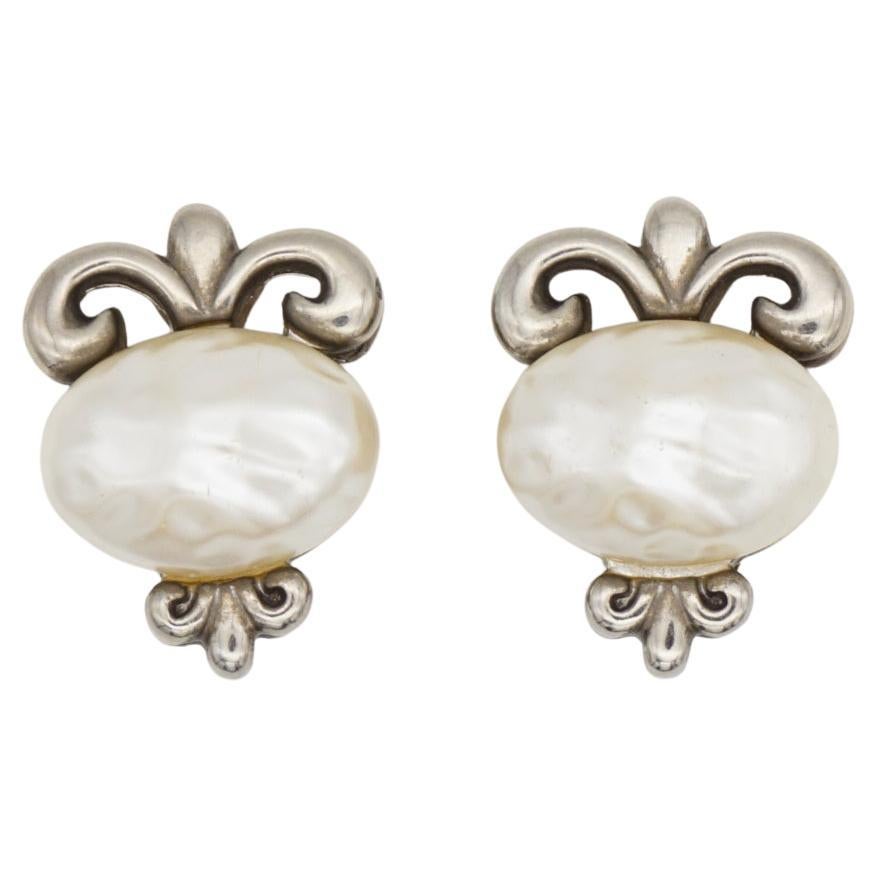Givenchy Vintage 1980 White Oval Pearl Fleur De Lis Lily Filigree Clip Earrings For Sale