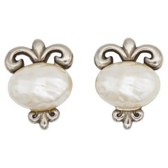 Givenchy Vintage 1980 White Oval Pearl Fleur De Lis Lily Filigree Clip Earrings