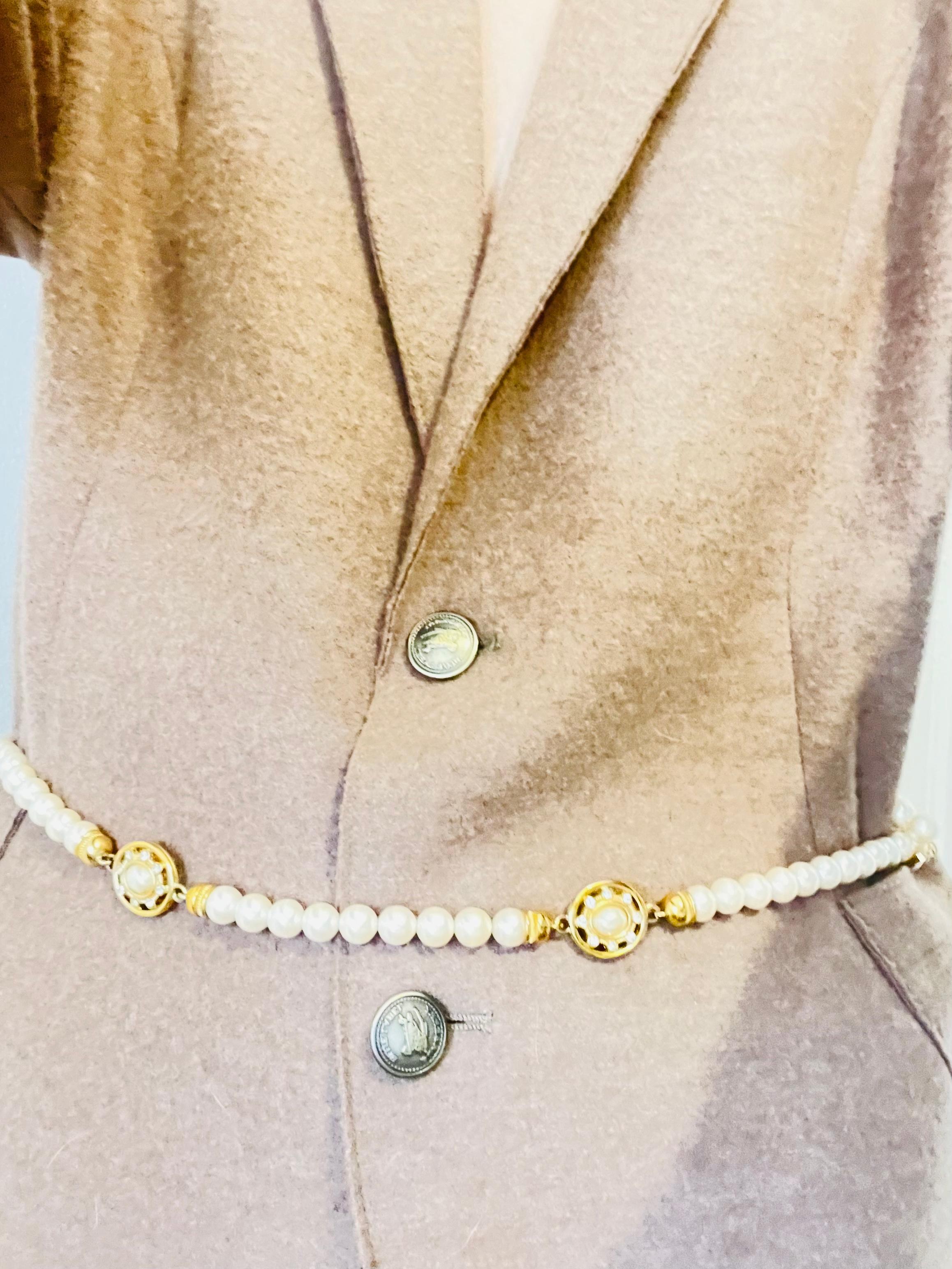 Givenchy Vintage 1980 White Round Pearl Oval Crystal Pendant Gold Long Necklace For Sale 3