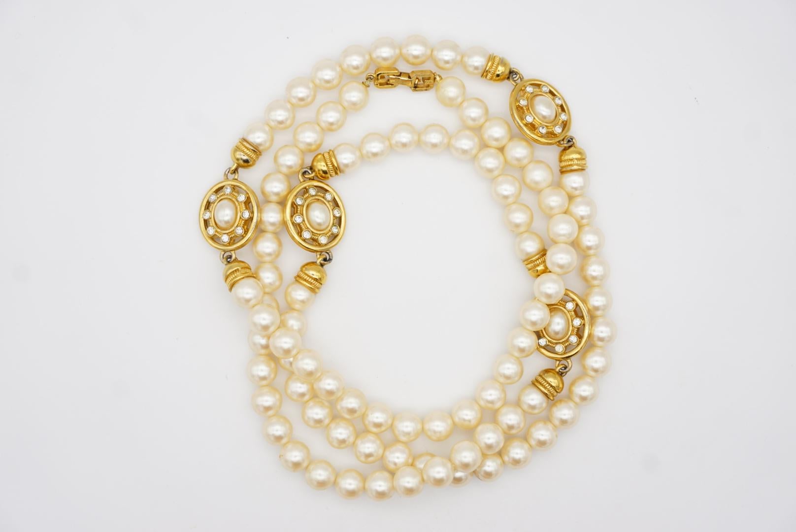 Givenchy Vintage 1980 White Round Pearl Oval Crystal Pendant Gold Long Necklace For Sale 6