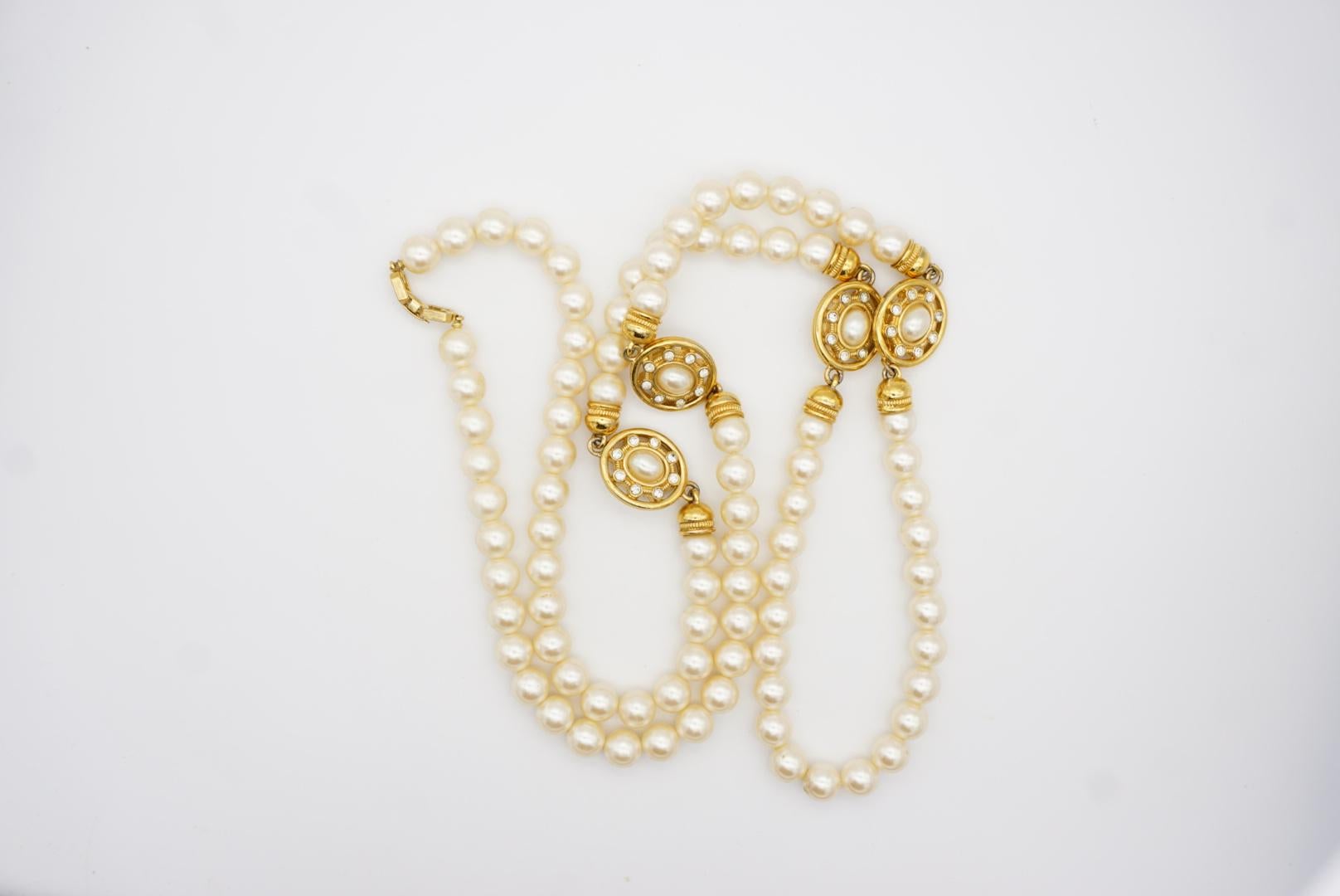 Givenchy Vintage 1980 White Round Pearl Oval Crystal Pendant Gold Long Necklace For Sale 7