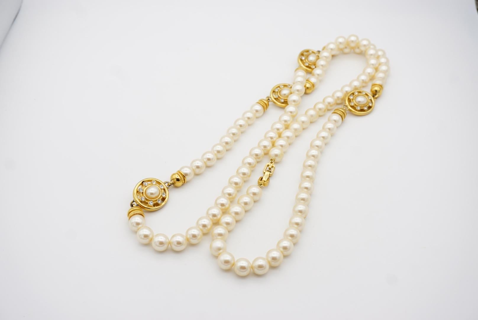 Givenchy Vintage 1980 White Round Pearl Oval Crystal Pendant Gold Long Necklace For Sale 8