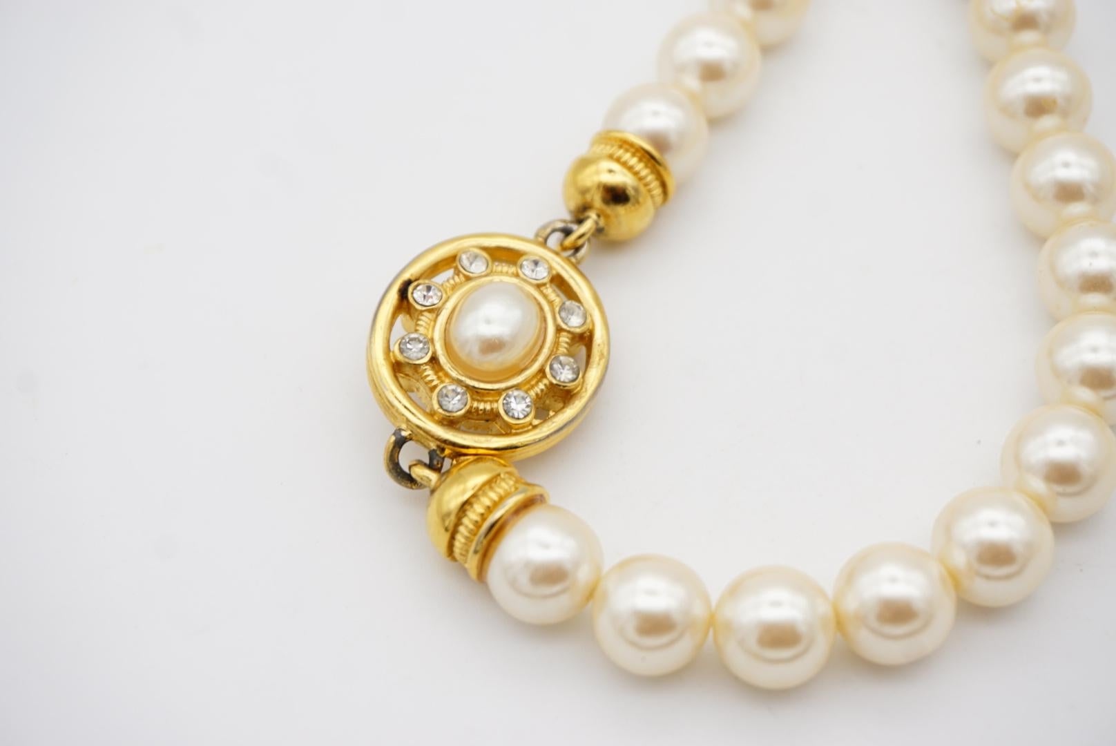Givenchy Vintage 1980 White Round Pearl Oval Crystal Pendant Gold Long Necklace For Sale 9