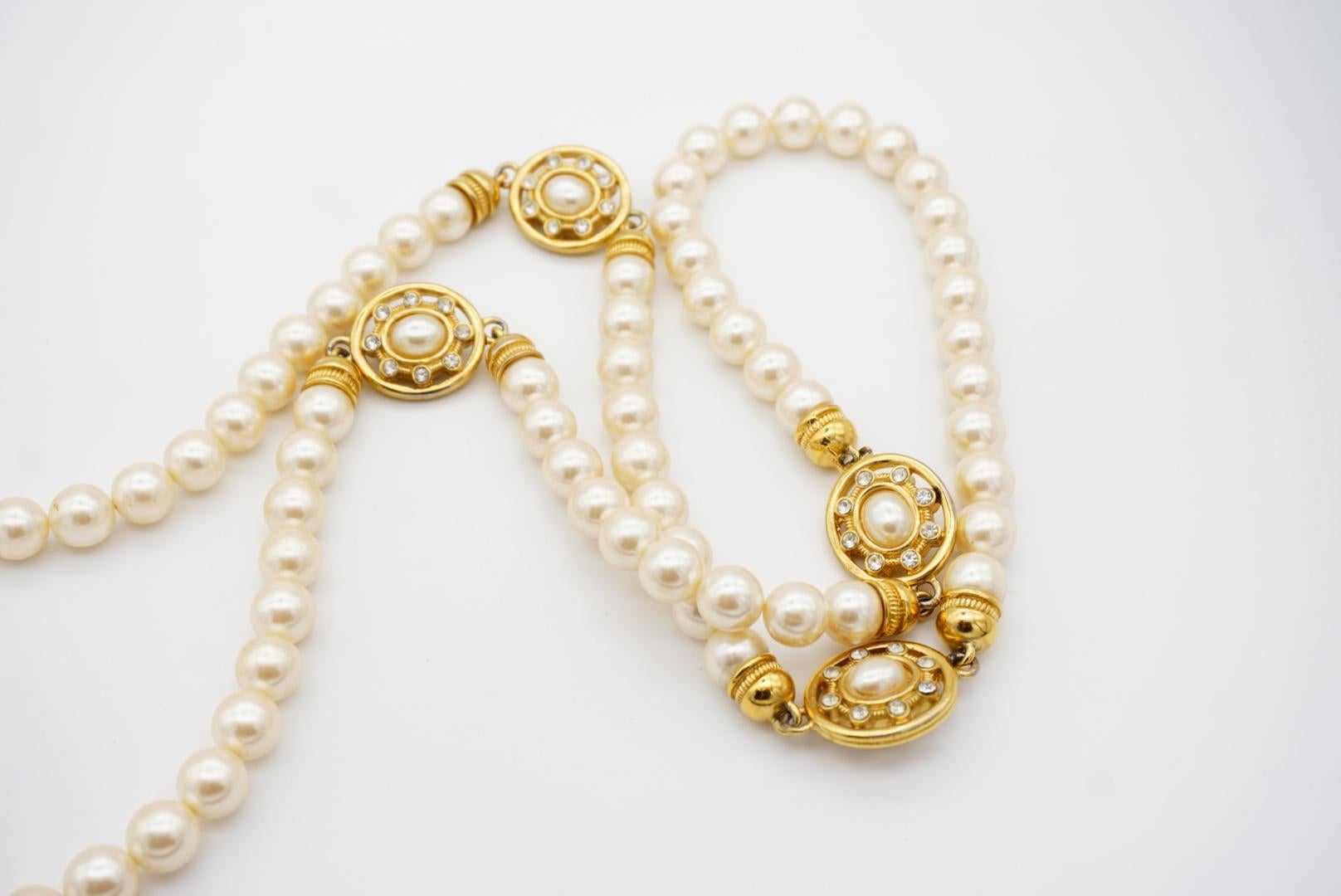 Givenchy Vintage 1980 White Round Pearl Oval Crystal Pendant Gold Long Necklace For Sale 10