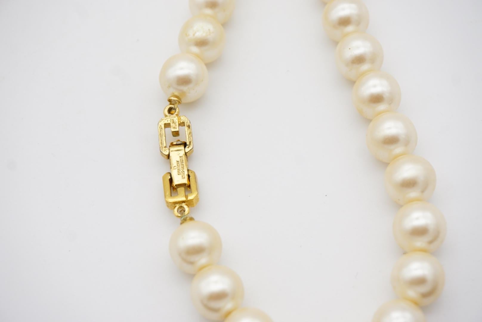 Givenchy Vintage 1980 White Round Pearl Oval Crystal Pendant Gold Long Necklace For Sale 11