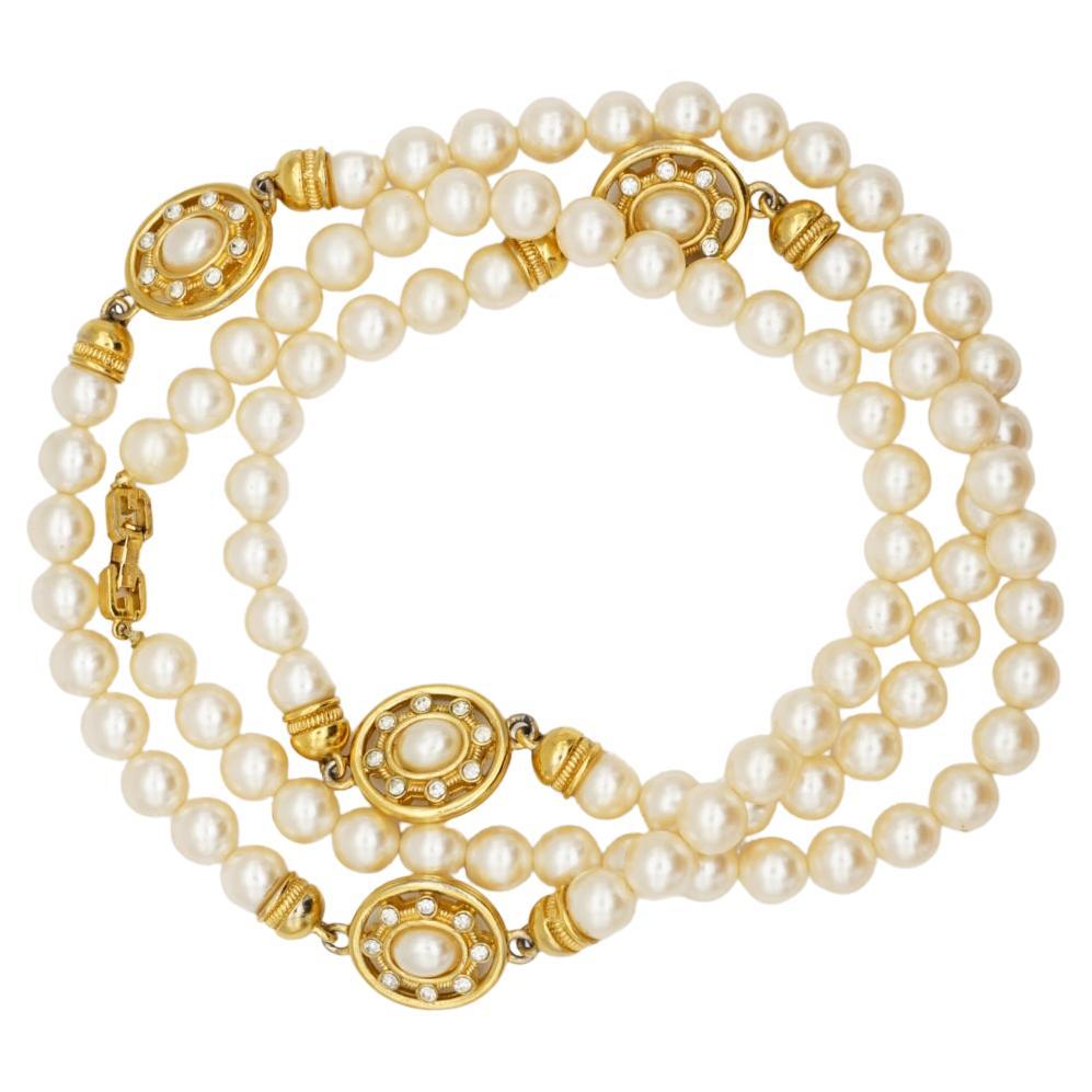 Givenchy Vintage 1980 White Round Pearl Oval Crystal Pendant Gold Long Necklace For Sale