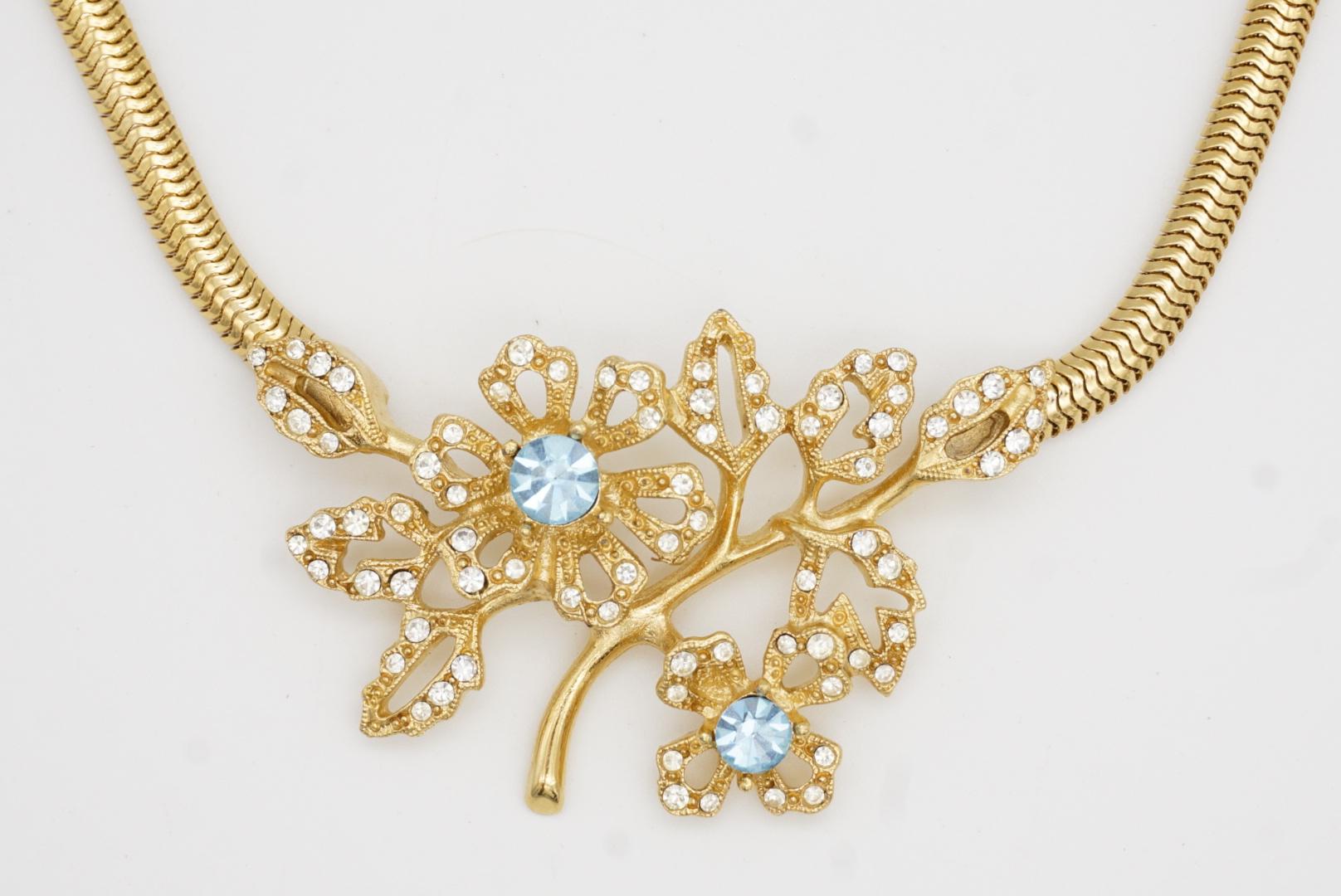 Givenchy Vintage 1980s Aqua Cluster Crystals Flower Leaf Pendant Snake Necklace For Sale 5