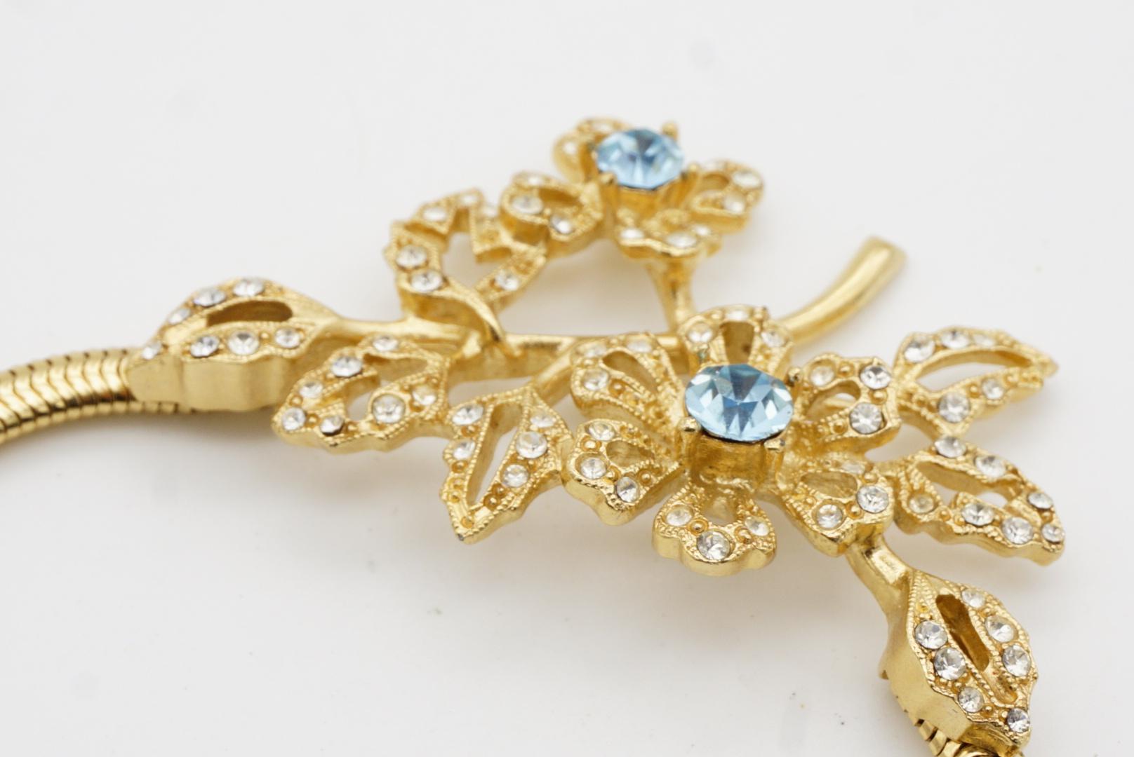 Givenchy Vintage 1980s Aqua Cluster Crystals Flower Leaf Pendant Snake Necklace For Sale 6