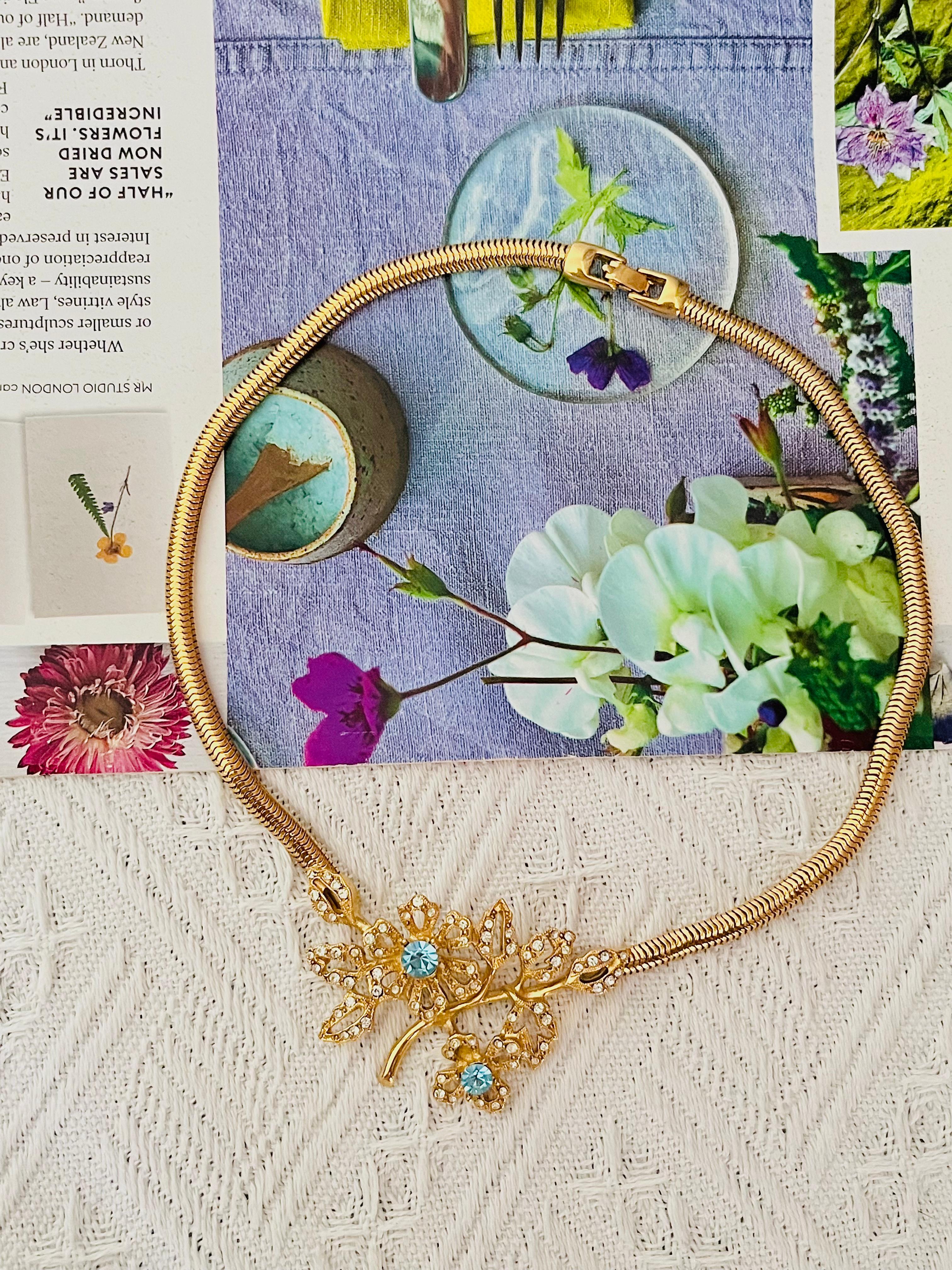Women's or Men's Givenchy Vintage 1980s Aqua Cluster Crystals Flower Leaf Pendant Snake Necklace For Sale