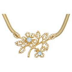 Givenchy Vintage 1980s Aqua Cluster Crystals Flower Leaf Pendant Snake Necklace