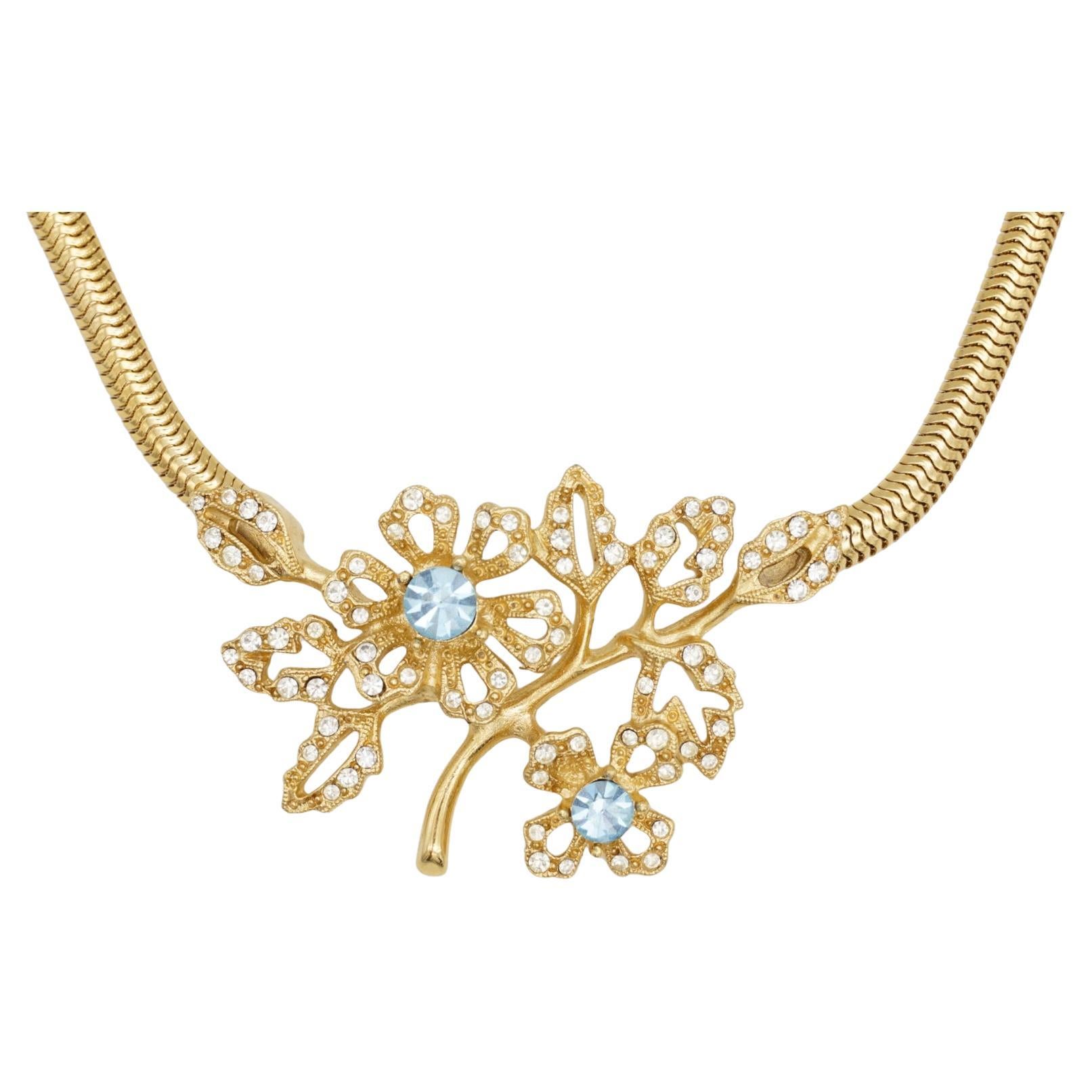 Givenchy Vintage 1980s Aqua Cluster Crystals Flower Leaf Snake Pendant Necklace in vendita