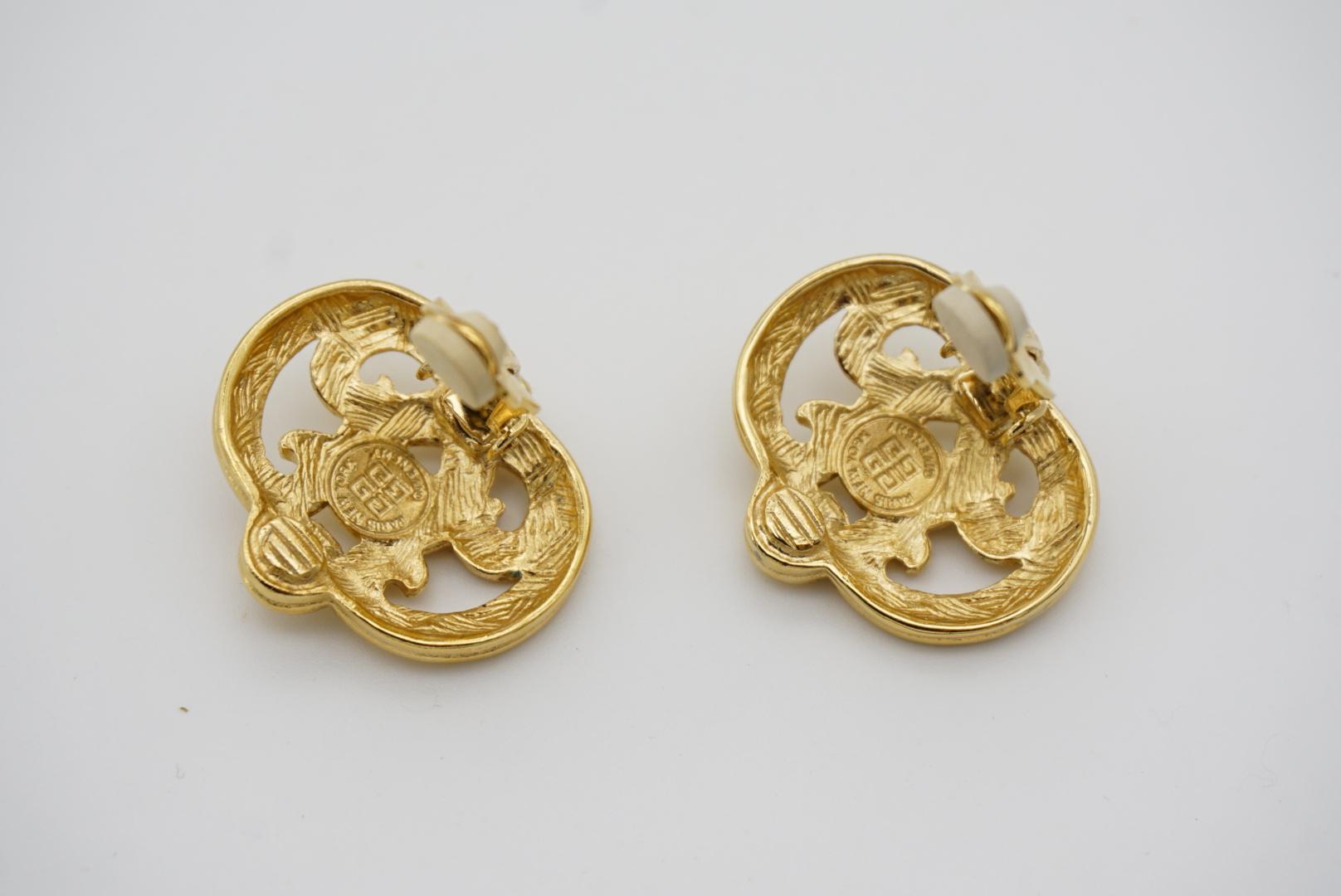 Givenchy Vintage 1980s Baroque Large Openwork Floral Oval Gold Clip Earrings 5