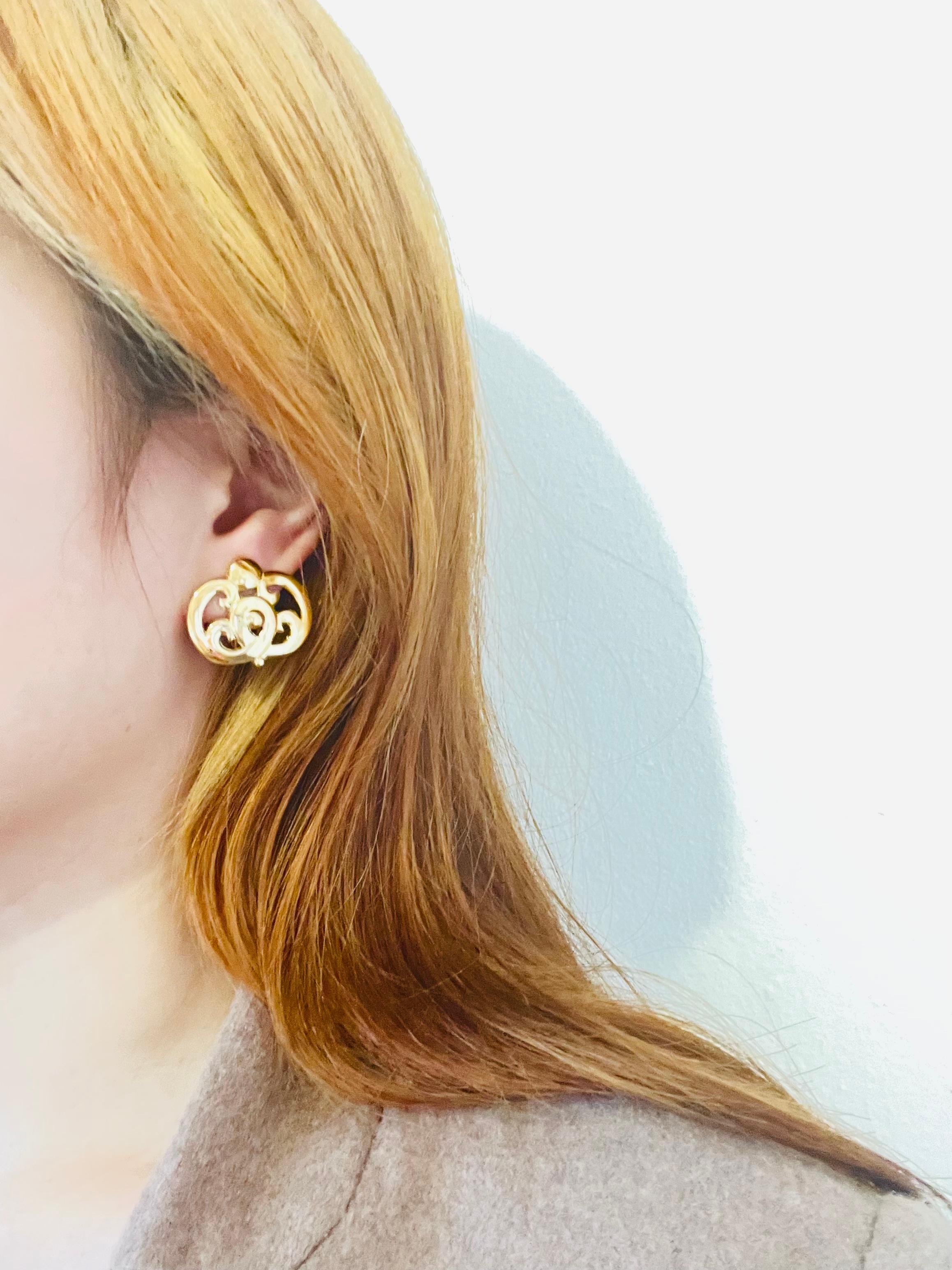 Givenchy Vintage 1980s Baroque Large Openwork Floral Oval Gold Clip Earrings 1