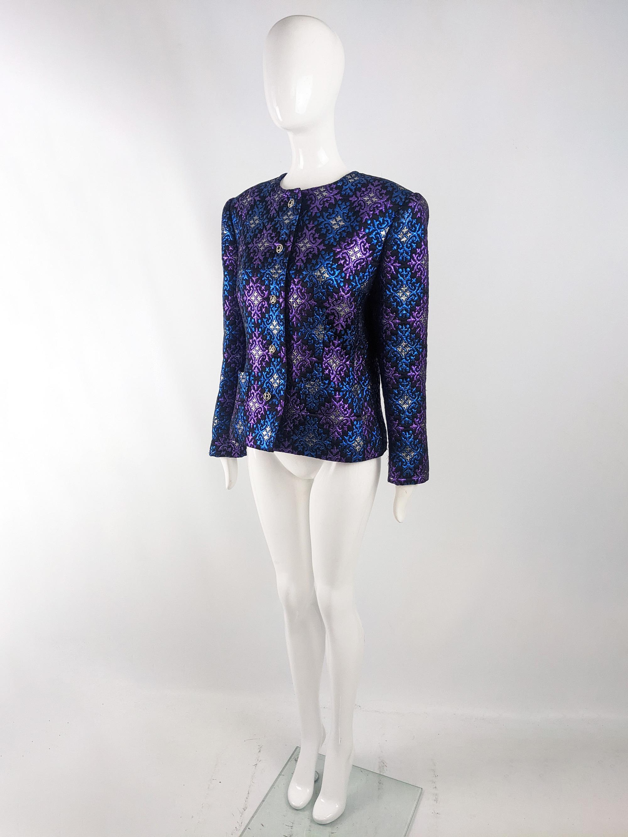 Givenchy Vintage 1980s Black Blue & Purple Brocade Jacket Evening Lamé Coat In Fair Condition In Doncaster, South Yorkshire