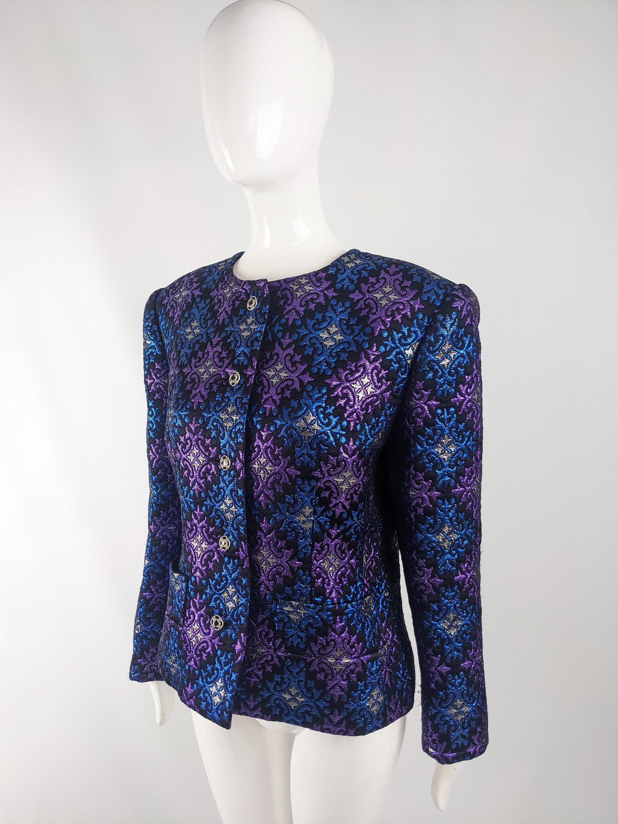 Givenchy Vintage 1980s Black Blue & Purple Brocade Jacket Evening Lamé Coat 1