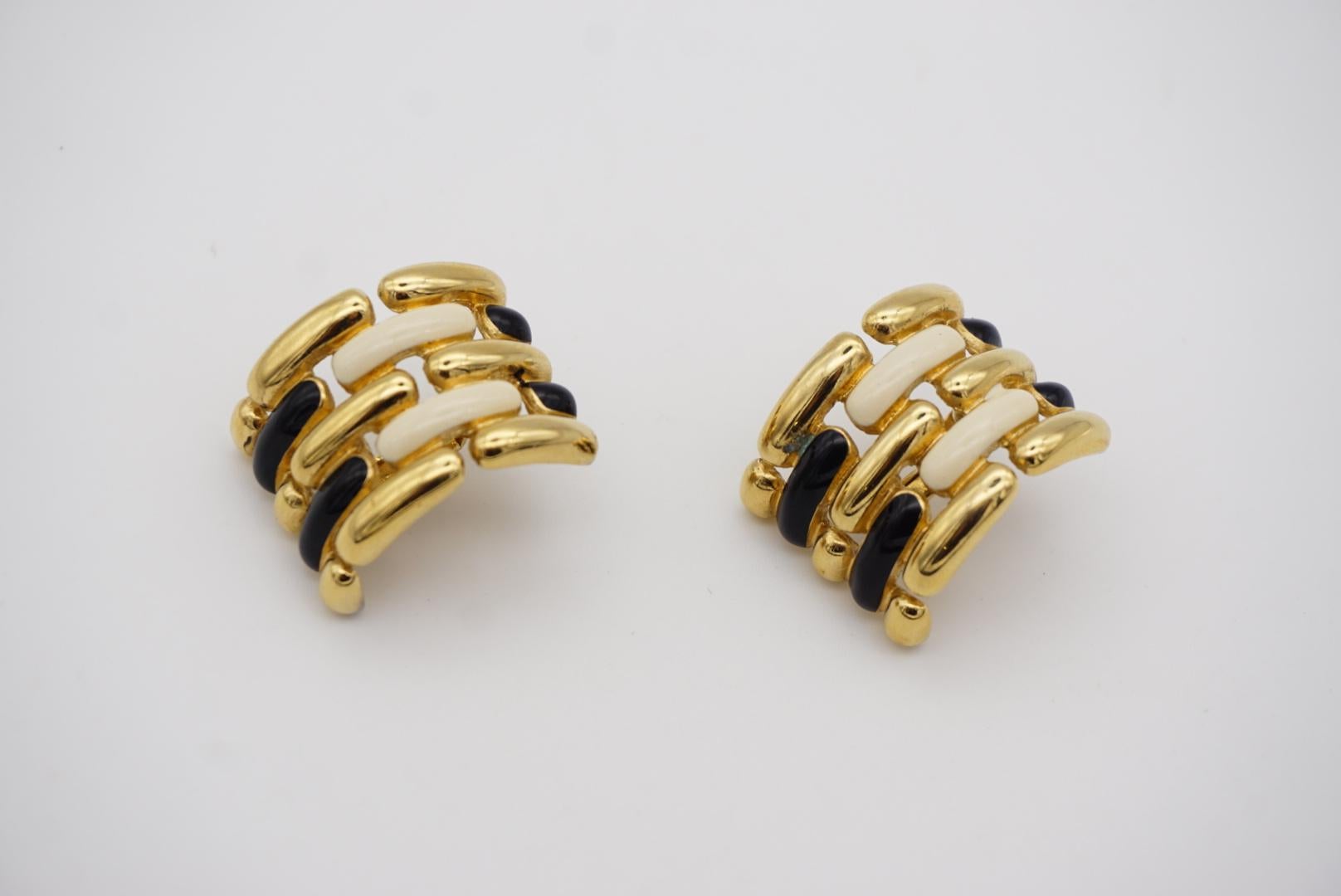 Givenchy Vintage 1980s Black White Sculpted Brushed Demi Hoop Pierced Earrings 3