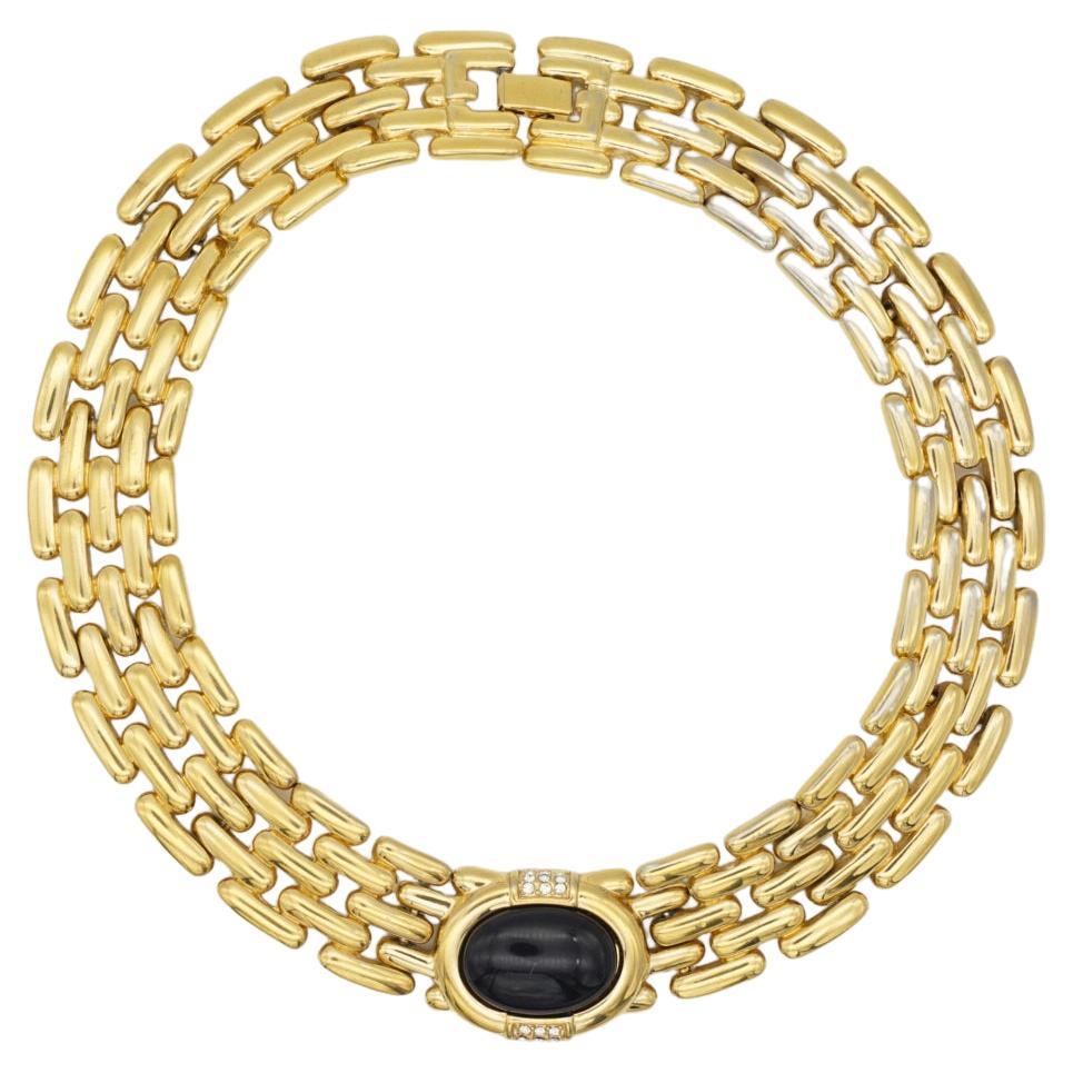 Givenchy Vintage 1980s Chunky Watch Link Black Crystals Pendant Collar Necklace For Sale