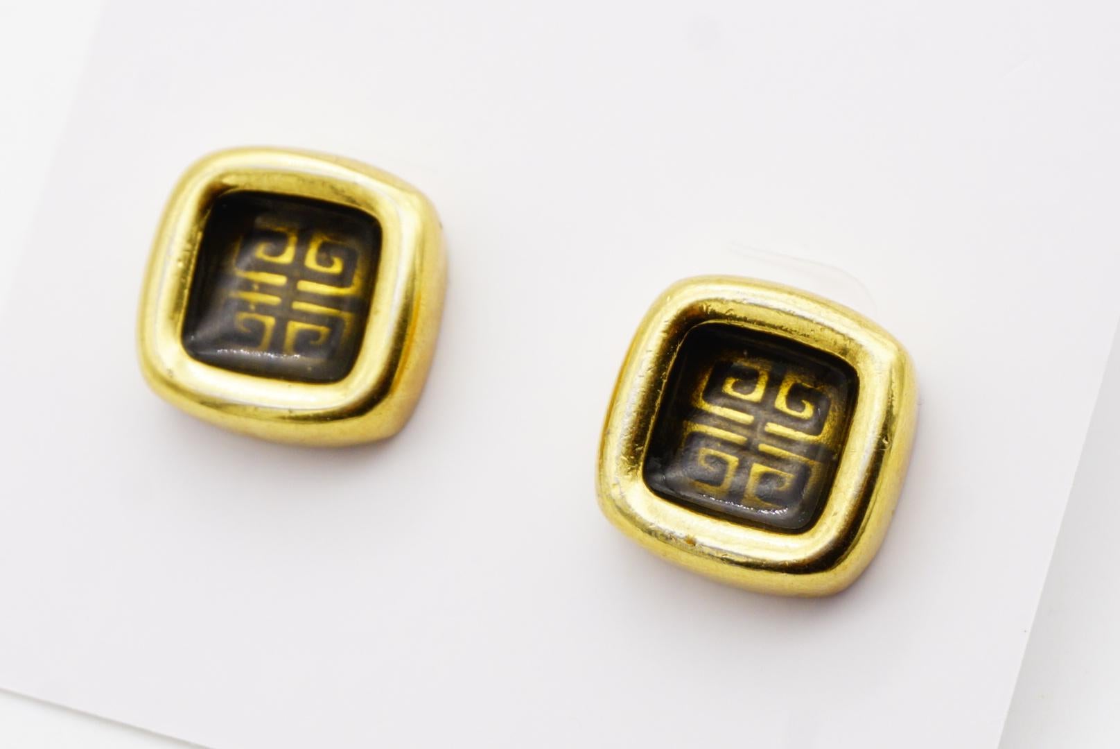 Givenchy Vintage 1980s Cube Square Black 4G Logo Monogram Gold Pierced Earrings For Sale 5