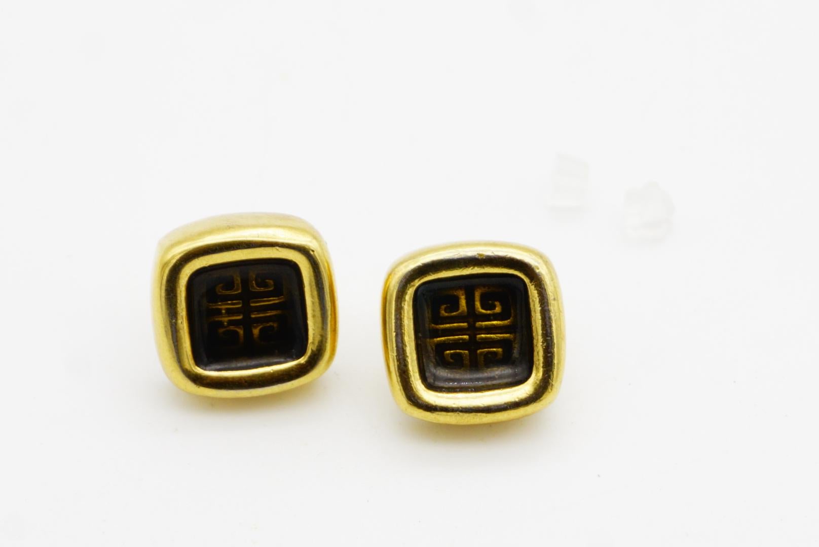 Givenchy Vintage 1980s Cube Square Black 4G Logo Monogram Gold Pierced Earrings For Sale 6