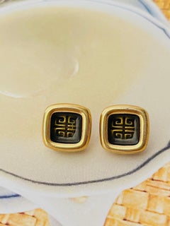 Givenchy Vintage 1980s Cube Square Black 4G Logo Monogram Gold Pierced Earrings