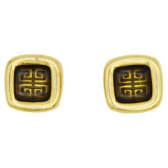 Givenchy Vintage 1980s Cube Square Black 4G Logo Monogram Gold Pierced Earrings