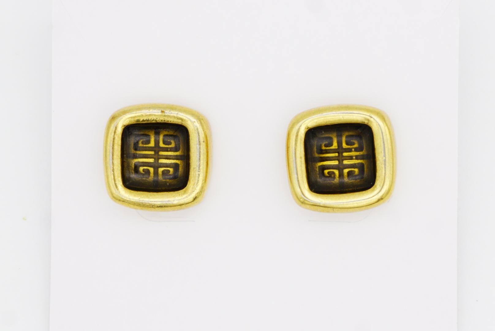 Givenchy Vintage 1980s Cube Square Black 4G Logo Monogram Gold Pierced Earrings For Sale 3