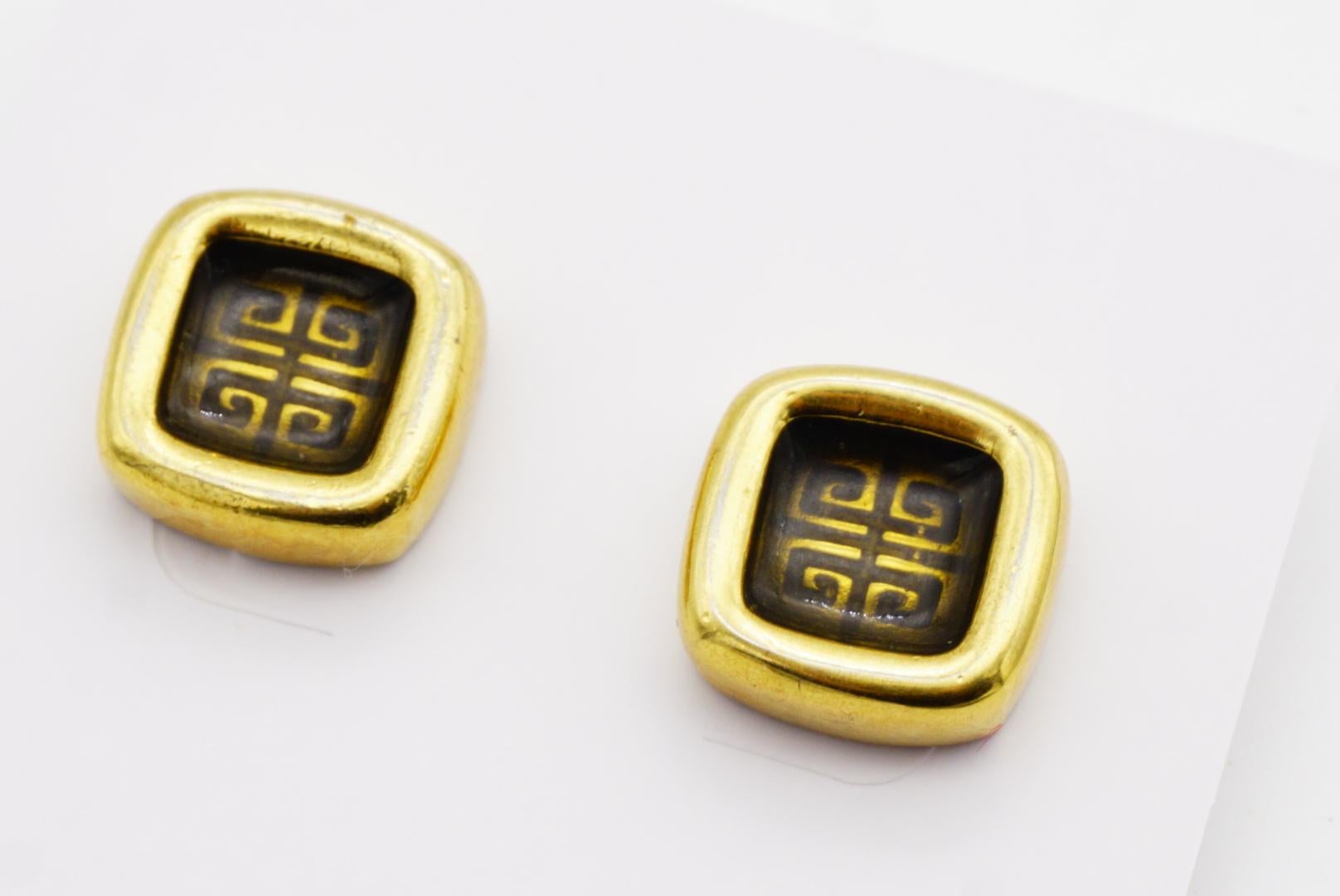 Givenchy Vintage 1980s Cube Square Black 4G Logo Monogram Gold Pierced Earrings For Sale 4