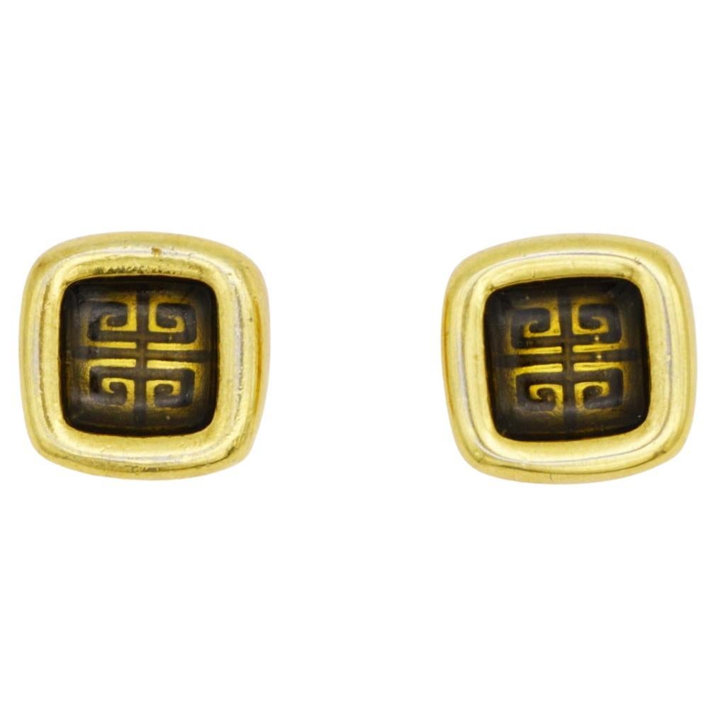 Givenchy Vintage 1980s Cube Square Black 4G Logo Monogram Gold Pierced Earrings For Sale