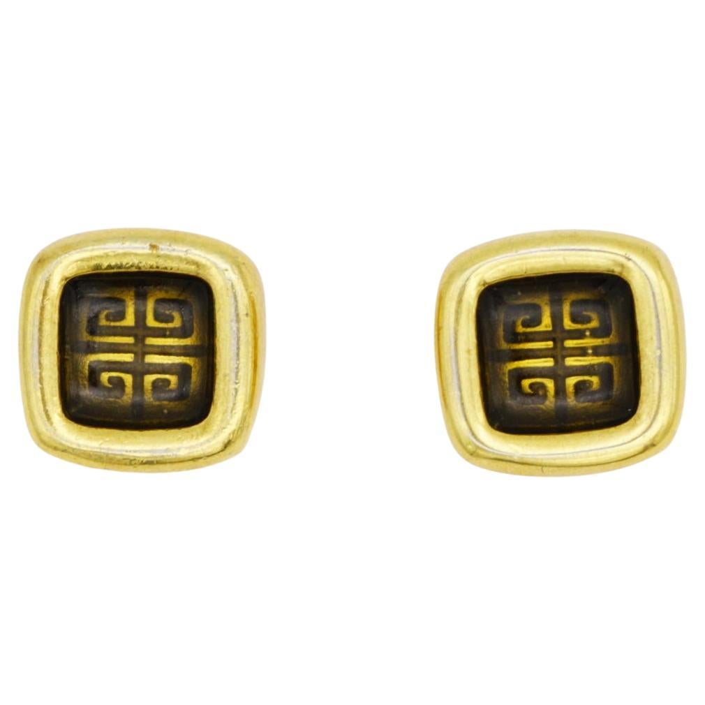 Givenchy Vintage 1980er Jahre Würfel Quadratisch Schwarz 4G Logo Monogramm Gold durchbohrte Ohrringe im Angebot