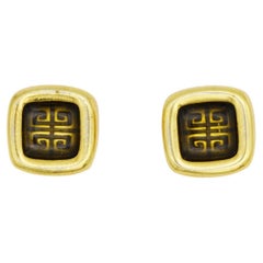 Givenchy Vintage 1980s Cube Square Black 4G Logo Monogram Gold Pierced Earrings