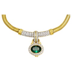 Givenchy Vintage 1980s Emerald Oval Crystals Bar Dangle Pendant Snake Necklace