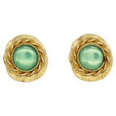 Givenchy Vintage 1980s Green Crystals Emerald Gripoix Wave Rope Clip Earrings