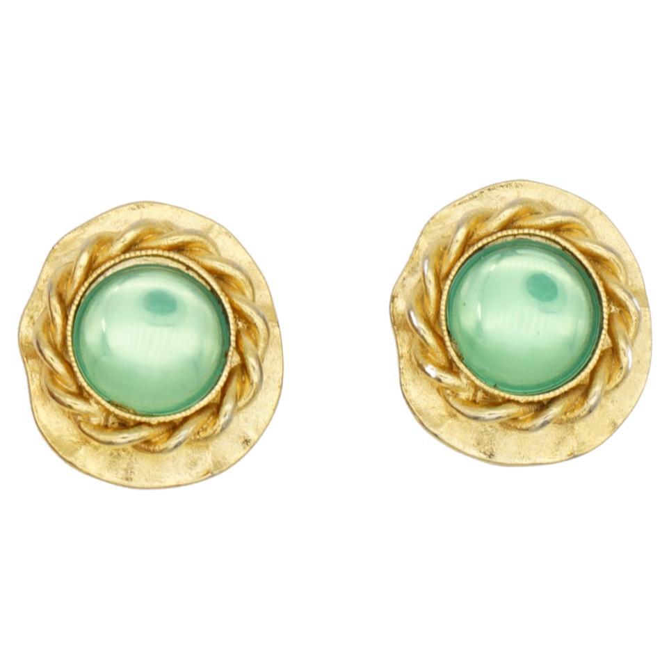Givenchy Vintage 1980s Green Crystals Emerald Gripoix Wave Rope Clip Earrings For Sale