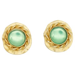 Givenchy Retro 1980s Green Crystals Emerald Gripoix Wave Rope Clip Earrings