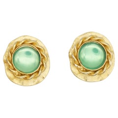 Givenchy Vintage 1980s Gripoix Emerald Green Crystals Wave Rope Clip Earrings