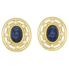 Givenchy Vintage 1980s Gripoix Large Lapis Oval Crystals Openwork Clip Earrings