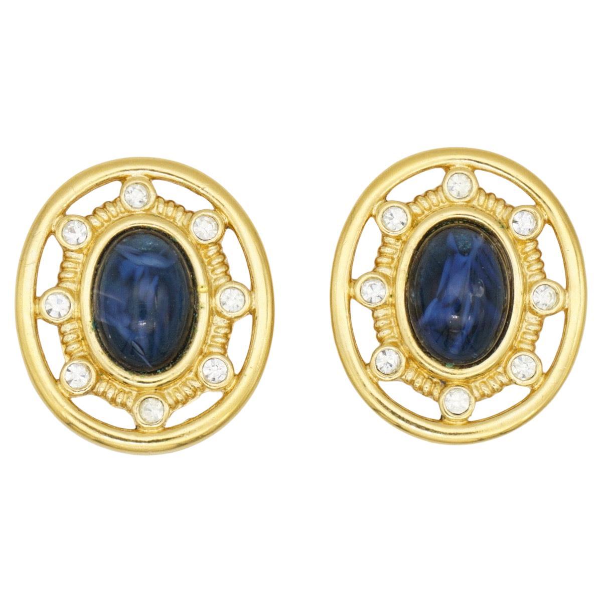 Givenchy Vintage 1980s Gripoix Large Lapis Oval Crystals Openwork Clip Earrings For Sale