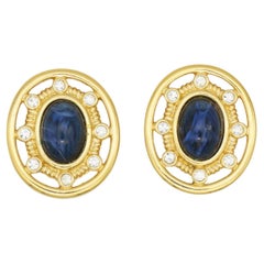 Givenchy Vintage 1980s Gripoix Large Oval Lapis Crystals Openwork Clip Earrings
