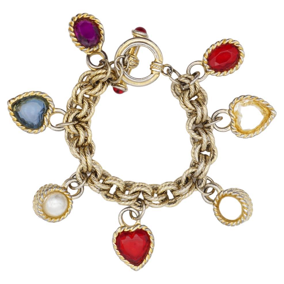 Givenchy Bracelet vintage en forme de cœur en perles Gripoix rouge, bleu, violet et blanc, années 1980