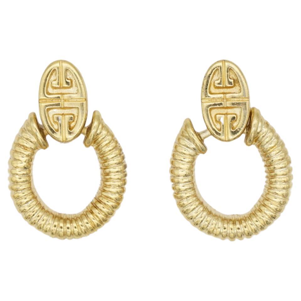 Givenchy Vintage 1980s Iconic Gold Logo 4G Door Knocker Oval Hoop Drop Earrings