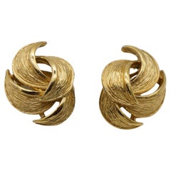 Givenchy Vintage 1980s Intertwined Openwork Swirl Leaf Round Gold Clip Earrings