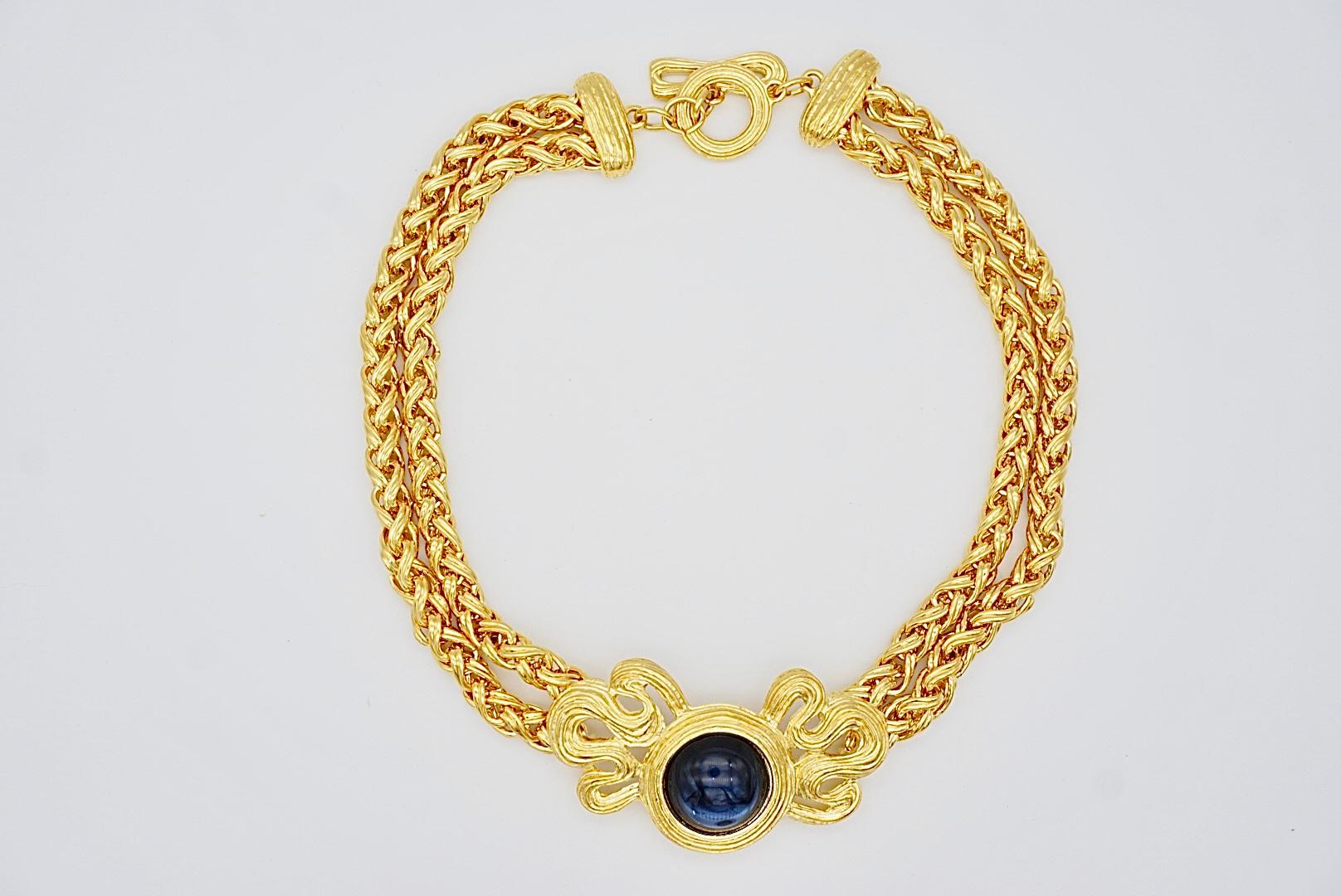 Givenchy Vintage 1980s Lapis Bow Crystal Double Strands Braided Rope Necklace For Sale 5