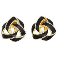 Givenchy Vintage 1980s Large Black Enamel Knot Interlocked Chunky Clip Earrings