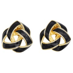Givenchy Vintage 1980s Large Black Enamel Knot Interlocked Chunky Clip Earrings