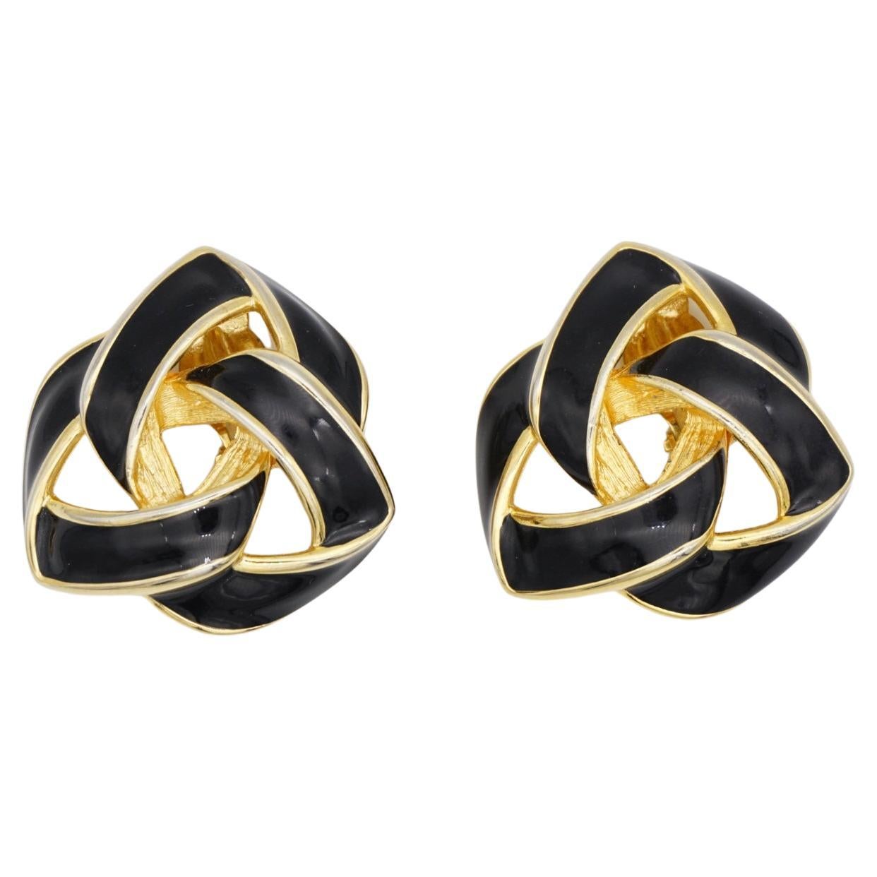 Givenchy Vintage Años 80 Grandes Pendientes de esmalte negro nudo entrelazado de clip grueso