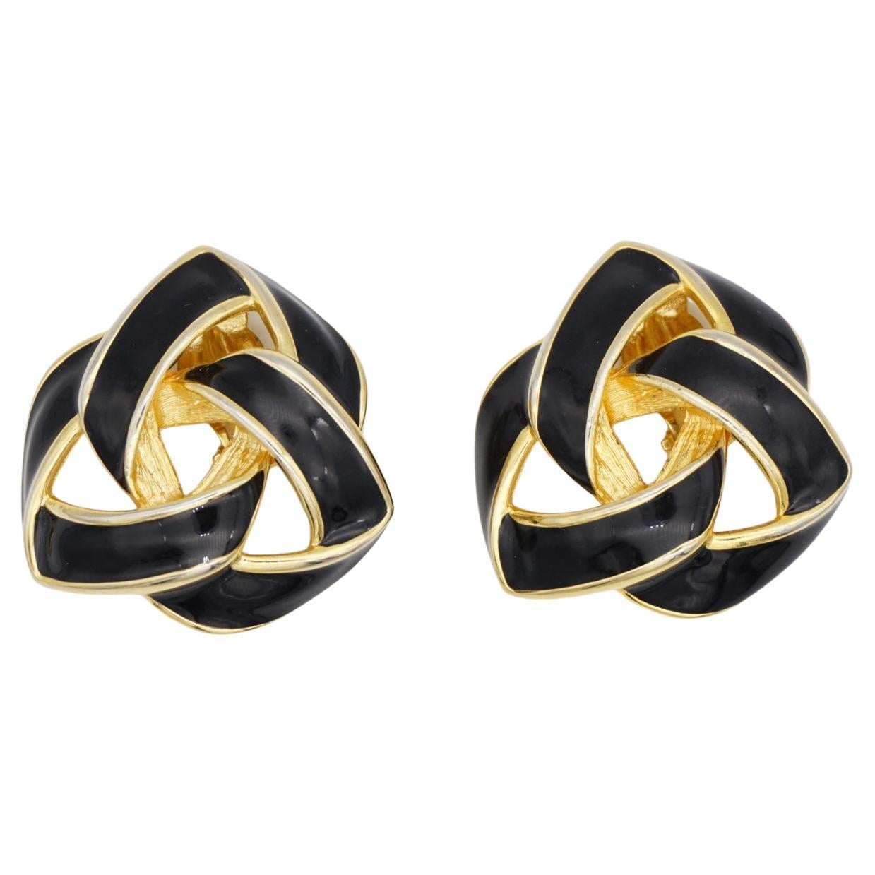 Givenchy Vintage 1980s Large Black Enamel Knot Interlocked Chunky Clip Earrings For Sale