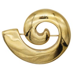 Givenchy Vintage 1980s Large Glow Swirl Sculpted Abstract Modernist Gold Brooch
