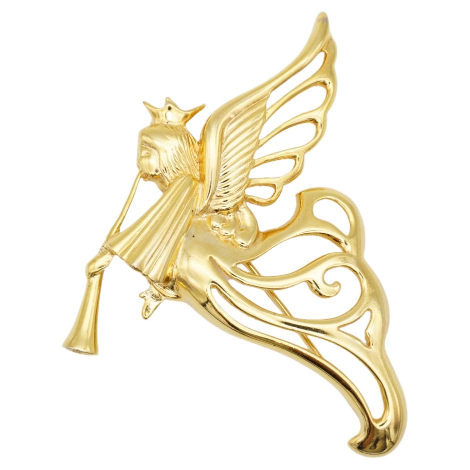 Givenchy Vintage 1980s Large Heaven Angel Flying Wing Trumpet Openwork Brooch For Sale